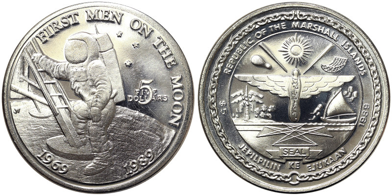Marshall Islands, 5 Dollars, 1989, 20th Anniversary - First Men on the Moon. Ni....