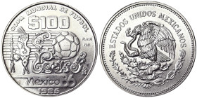 Mexico, Second Republic , 100 Pesos, 1985, Mexico City, World Cup Soccer Games 1986. Ag.720 1 Oncia / 1 Oz, KM 499, UNC