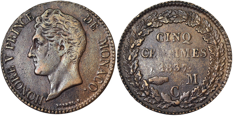 Monaco, Honoré V , 5 Centimes, 1837, Monaco, Cu. 8,20 g, KM 95.2a, VF