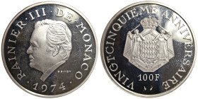 Monaco, Rainier III , 100 Francs, 1974, Ag.999 37,10 g, KM XM3, PROOF