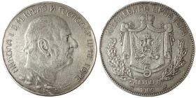 Montenegro, Nicholas I , 5 Perpera, 1909, Ag.900 24,00 g, KM 6, VF+
