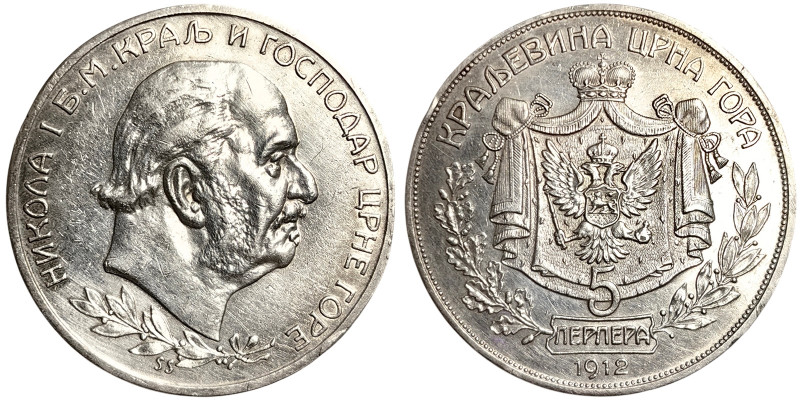 Montenegro, Nicholas I , 5 Perpera, 1912, Ag.900 24,00 g, KM 15, XF