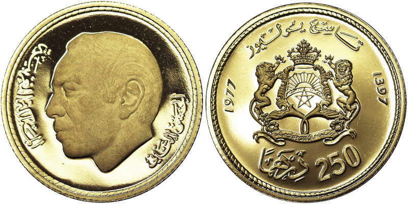 Morocco, Hassan II , 250 Dirhams, 1977, Mintage: 800 pcs.: Au.900 6,45 g Rare, Y...