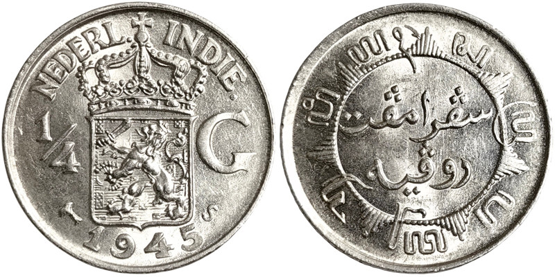 Netherlands Indie, 1/4 Gulden, 1945, Ag.720 3,18 g, KM 319, UNC