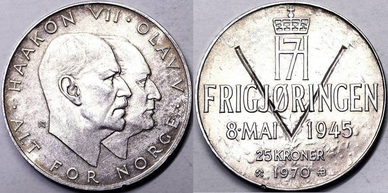 Norway, Olav V , 25 Kroner, 1970, Ag.875 29,00 g, KM 414, XF