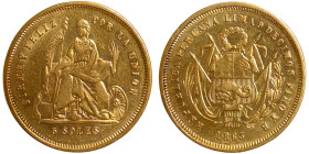 Peru, 5 Soles, 1863, Au.900 8,06 g, Fr.72, XF+
