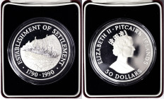 Pitcairn Islands, Elizabeth II , 50 Dollars, 1990, 200th of the 1st settlement. With original case. Ag 0.999. 155,60 g, KM-, PROOF