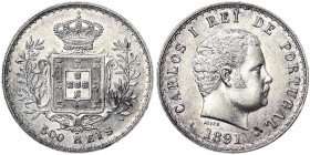 Portugal, Carlos I , 500 Reis, 1891, Ag.917 12,50 g, KM 535, A.UNC