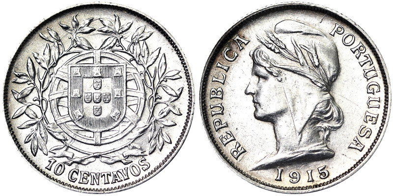 Portugal, 10 Centavos, 1915, Ag.835 2,50 g, KM 563, A.UNC