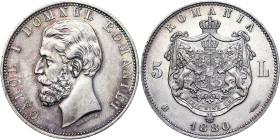 Romania, Carol I as Prince as King , 5 Lei, 1880, Bucharest, Ag. 25,00 g Rare, KM 12, XF/A.UNC