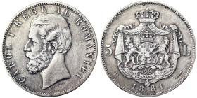 Romania, Carol I as Prince as King , 5 Lei, 1881, Bucharest, Ag.900 25,00 g, Cleaned, KM 12, VF+