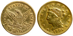 United States, 2-1/2 Dollars (Coronet Head), 1905, Phildelphia, Au.900 4,15 g Rare, Slight mount mark, KM 72, VF