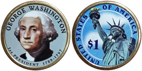 United States, 1 Dollar, 2007, Denver, George Washington. Both sides coloured. Cu-Brass. 8,10 g, KM 401, UNC