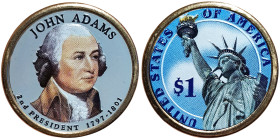 United States, 1 Dollar, 2007, Denver, John Adams. Both sides coloured. Cu-Brass. 8,10 g, KM 402, UNC