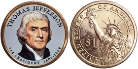 United States, 1 Dollar, 2007, Denver, Thomas Jefferson. Coloured. Cu-Brass. 8,10 g, KM 403, UNC