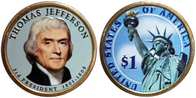 United States, 1 Dollar, 2007, Denver, Thomas Jefferson. Both sides coloured. Cu-Brass. 8,10 g, KM 403, UNC