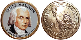 United States, 1 Dollar, 2007, Denver, James Madison. Coloured. Cu-Brass. 8,10 g, KM 404, UNC