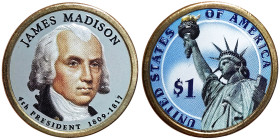 United States, 1 Dollar, 2007, Denver, James Madison. Both sides coloured. Cu-Brass. 8,10 g, KM 404, UNC