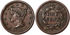 United States, 1 Cent (Liberty head 1816-1857), 1853, Phildelphia, Cu. 10,89 g, KM 67, VF+