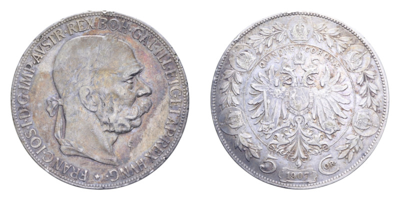 AUSTRIA FRANCESCO GIUSEPPE I 5 CORONA 1907 AG. 23,91 GR. qBB/BB