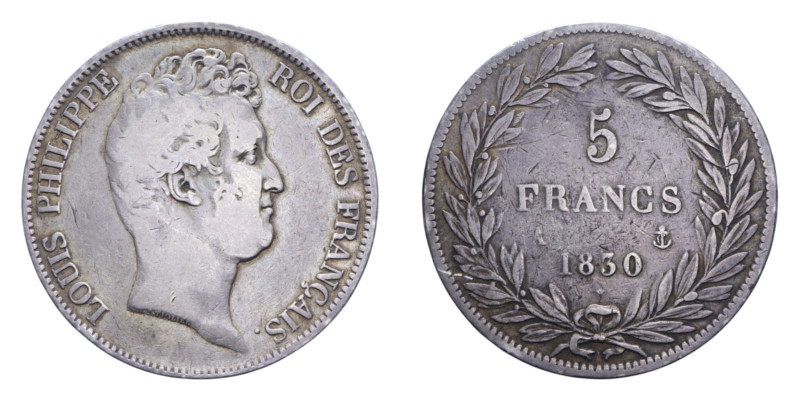 FRANCIA LUIGI FILIPPO 5 FRANCS 1830 AG. 24,77 GR. qBB/BB