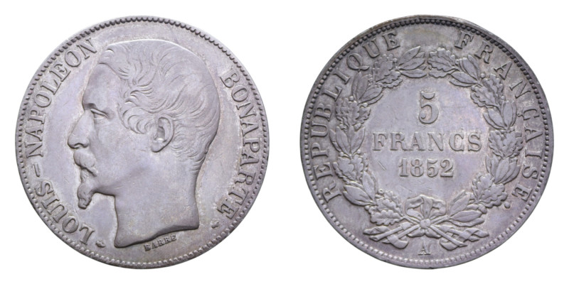 FRANCIA LUIGI NAPOLEONE 5 FRANCS 1852 A AG. 25 GR. BB-SPL