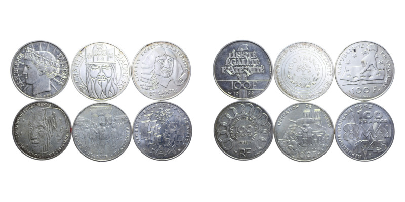 FRANCIA LOTTO 6 PEZZI 100 FRANCS AG. VARIE CONSERVAZIONI