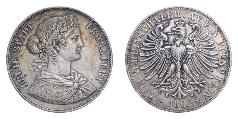 GERMANIA FRANCOFORTE 2 THALER 1862 AG. 36,97 GR. BB+