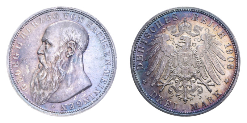 GERMANIA SAXE-MEININGEN GEORG II 3 MARK 1908 D AG. 16,66 GR. qFDC