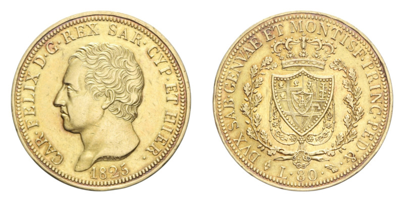 CARLO FELICE (1821-1831) 80 LIRE 1825 TORINO AU. 25,73 GR. BB+/BB-SPL