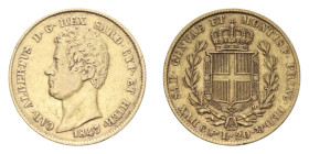 CARLO ALBERTO (1831-1849) 20 LIRE 1847 TORINO AU. 6,45 GR. BB+/BB-SPL