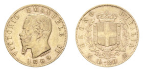 VITT. EMANUELE II (1861-1878) 20 LIRE 1869 TORINO AU. 6,45 GR. qSPL/SPL