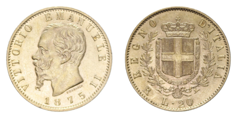 VITT. EMANUELE II (1861-1878) 20 LIRE 1875 ROMA NC AU. 6,46 GR. qFDC