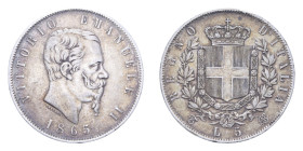 VITT. EMANUELE II (1861-1878) 5 LIRE 1865 TORINO R AG. 24,84 GR. BB+