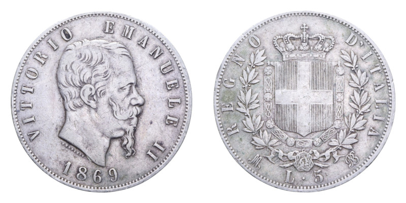 VITT. EMANUELE II (1861-1878) 5 LIRE 1869 MILANO AG. 24,94 GR. BB