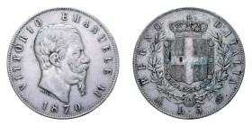 VITT. EMANUELE II (1861-1878) 5 LIRE 1870 MILANO AG. 24,89 GR. BB+