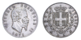 VITT. EMANUELE II (1861-1878) 5 LIRE 1871 MILANO AG. 24,99 GR. BB+