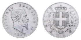 VITT. EMANUELE II (1861-1878) 5 LIRE 1872 MILANO AG. 24,99 GR. BB+