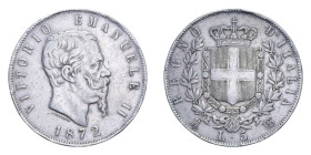 VITT. EMANUELE II (1861-1878) 5 LIRE 1872 MILANO AG. 24,87 GR. BB+ (COLPI)
