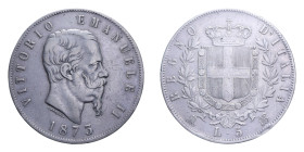 VITT. EMANUELE II (1861-1878) 5 LIRE 1873 MILANO AG. 24,91 GR. BB+