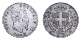 VITT. EMANUELE II (1861-1878) 5 LIRE 1873 MILANO AG. 24,80 GR. BB/BB+ (COLPI)