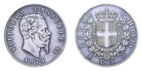 VITT. EMANUELE II (1861-1878) 5 LIRE 1874 MILANO AG. 25 GR. BB+