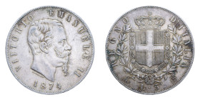VITT. EMANUELE II (1861-1878) 5 LIRE 1874 MILANO AG. 25,15 GR. BB+