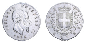 VITT. EMANUELE II (1861-1878) 5 LIRE 1875 MILANO AG. 24,90 GR. qBB (APPICCAGNOLO RIMOSSO)