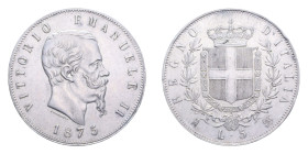 VITT. EMANUELE II (1861-1878) 5 LIRE 1875 MILANO AG. 24,96 GR. qSPL (COLPO)