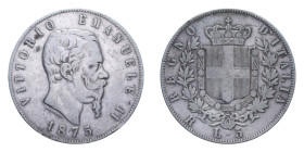 VITT. EMANUELE II (1861-1878) 5 LIRE 1875 ROMA NC AG. 24,72 GR. BB