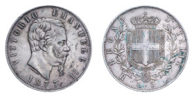 VITT. EMANUELE II (1861-1878) 5 LIRE 1877 ROMA AG. 25,01 GR. BB+ (COLPO)
