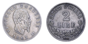 VITT. EMANUELE II (1861-1878) 2 LIRE 1863 TORINO VALORE R AG. 9,86 GR. BB