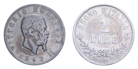 VITT. EMANUELE II (1861-1878) 2 LIRE 1863 NAPOLI VALORE NC AG. 9,78 GR. qBB