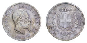 VITT. EMANUELE II (1861-1878) 1 LIRA 1863 MILANO STEMMA AG. 4,84 GR. qBB/BB